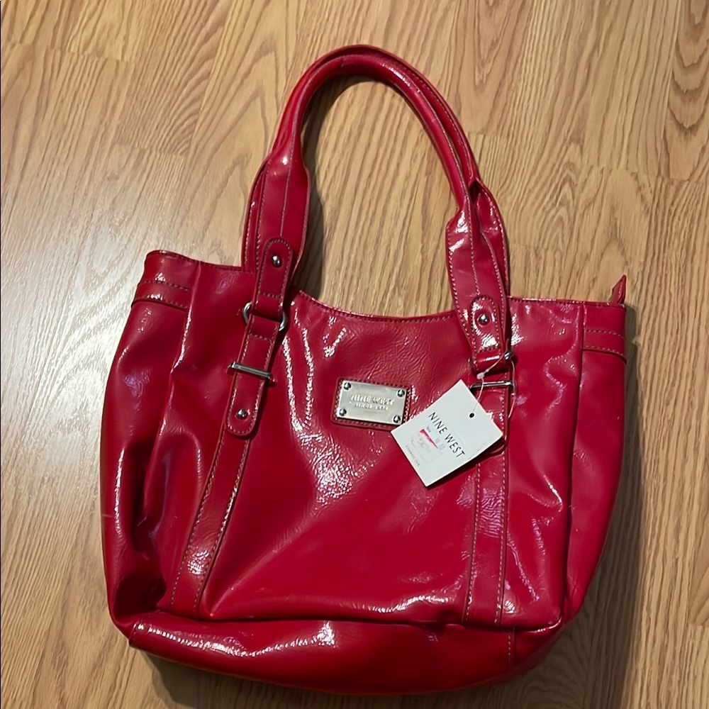 Nine West Red Glossy Tote with Silver Hardware